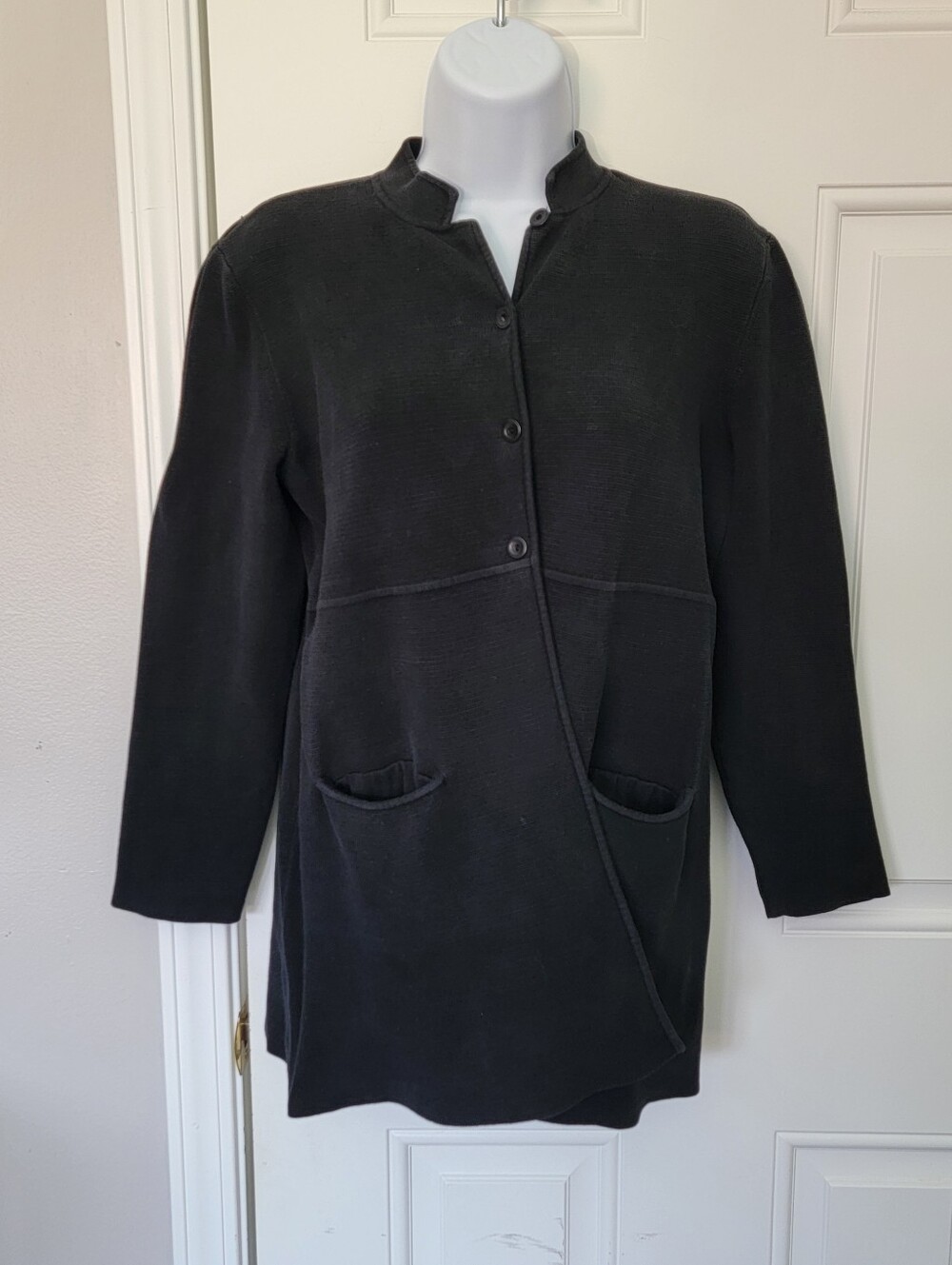 Eileen Fisher Black Silk Cotton Knit Tunic Cardigan Button Front Pockets Small